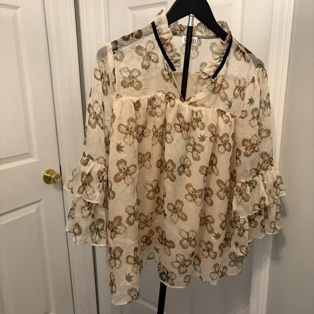 GLAM Sheer Floral Ruffle Bell Sleeve Blouse Boho Chic Cottagecore‎ Whimsical EUC